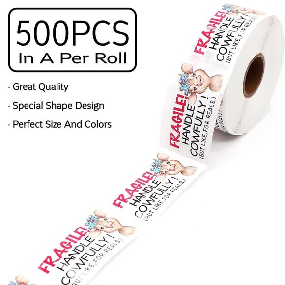 Funny Handle Cowfully Fragile Stickers 500 Stickers Roll NEW - Picture 2 of 3